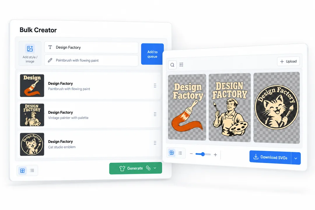 Screenshot-based illustration of three distinct queued ideas, batch-generated designs and bulk SVG download