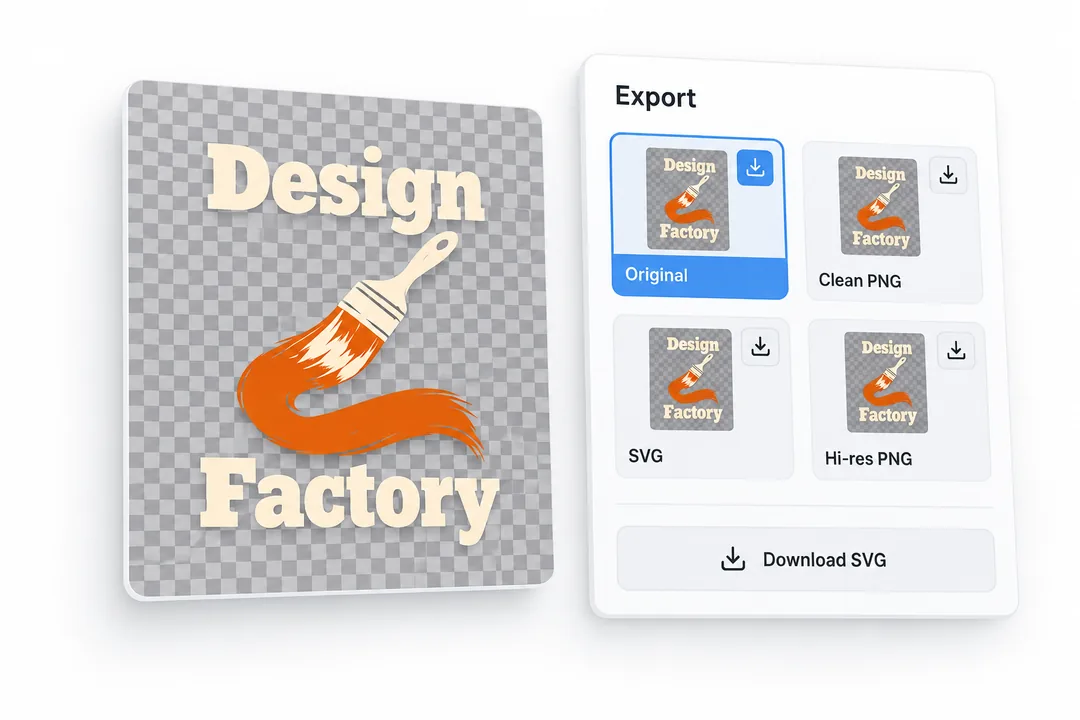 Screenshot-based illustration of the artwork export panel with Original, Clean PNG, SVG and Hi-res PNG options