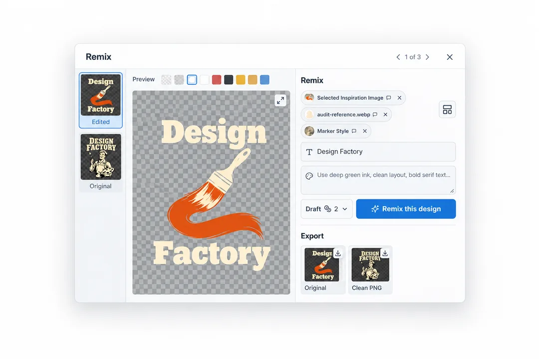 Screenshot-based illustration of the Remix workspace with an artwork preview, references and instructions