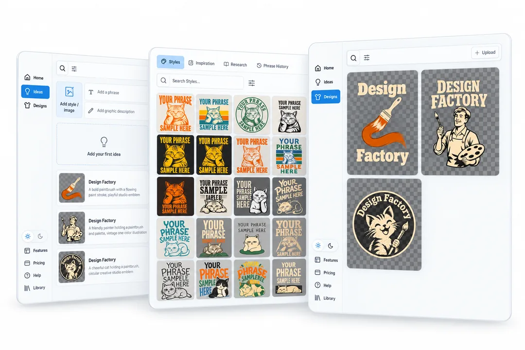 Screenshot-based illustration of the Ideas workspace, Styles library and Designs gallery